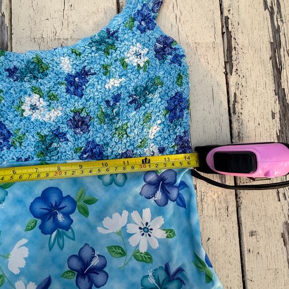 Vintage Y2K Up Front Smocked Mini Dress –‎ Blue Floral Hibiscus Print, Size L - Picture 6 of 11
